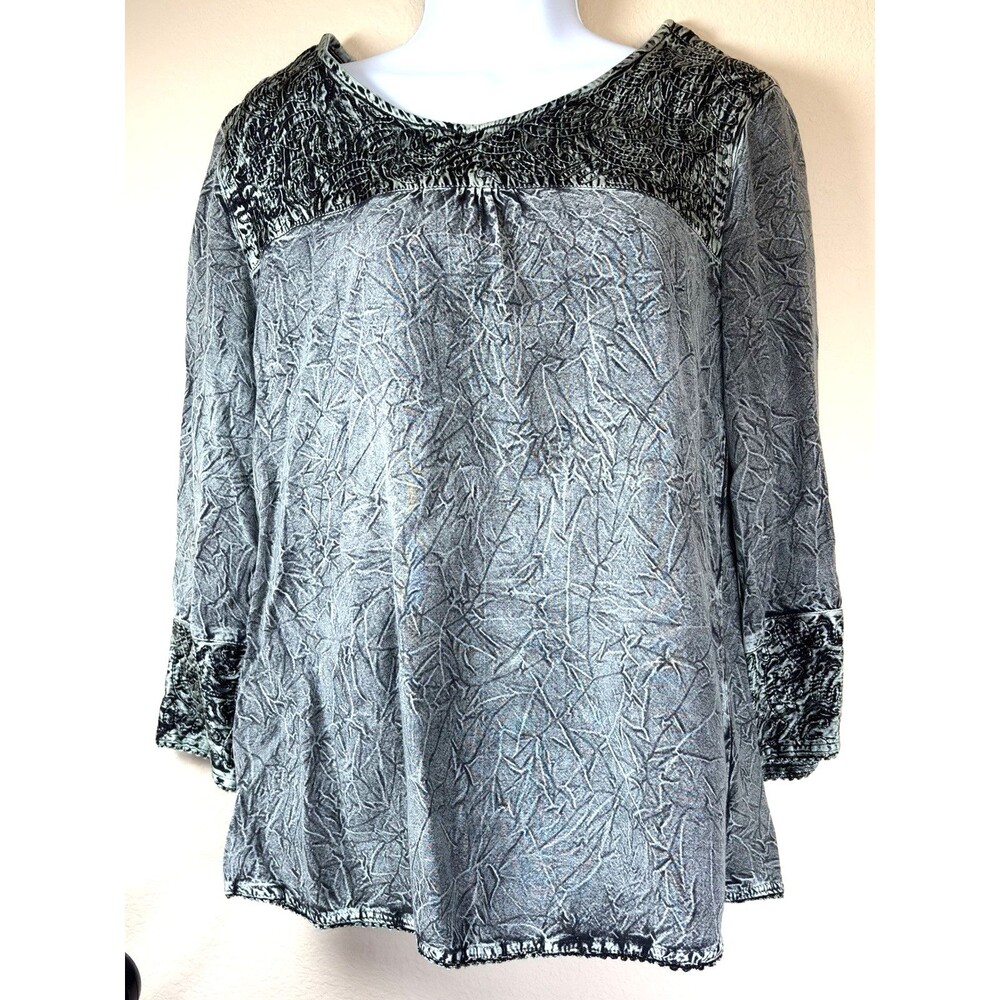 Parsley & Sage Womens Artsy S Light Moss Green Crinkle Top 3/4 Sleeve